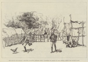 De oorlog in de Soedan, gemonteerde infanterie die Tamai verbrandt
